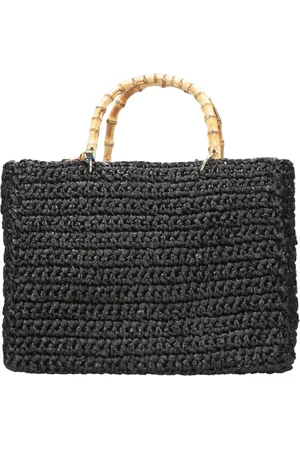 Chica London Tassen, Dames, Zwart, ONE Size, Bamboe, Raffia Bamboe Handtas Winkelmandje