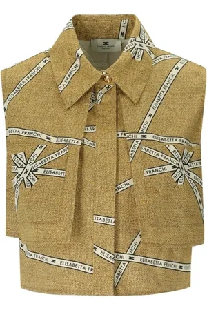 Elisabetta Franchi Jassen, Dames, Geel, M, Katoen, Raffia Effect Cropped Shirt in Beige