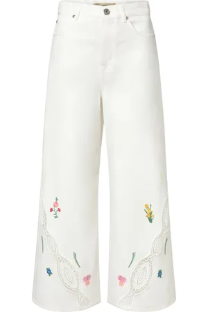 Max Mara Broeken, Dames, Wit, 2Xs, Wijde broek met hoge taille en borduursel