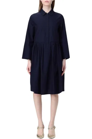 Emporio Armani Kleedjes, Dames, Blauw, XS, Katoen, Elegante Witte Geplooide Midi Jurk