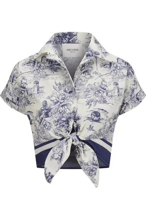 Nicowa Blouses & Shirts, Dames, Blauw, XS, Katoen, Toile-de-Jouy Print Blouse met Bindedetail
