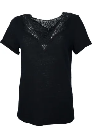 HUGO BOSS Blouses & Shirts, Dames, Zwart, L, Linnen, Linnen T-shirt met kanten details