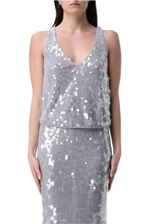 Patrizia Pepe Tops, Dames, Grijs, S, Pailletten, Zilveren Pailletten V-hals Jurk