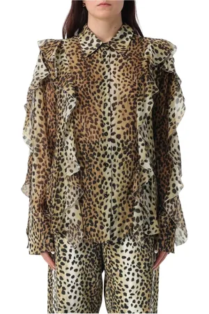 BLUMARINE Blouses & Shirts, Dames, Veelkleurig, XS, Leopard Print Ruffle Silk Blouse