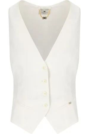 Elisabetta Franchi Jassen, Dames, , L, Polyester, Ivory V-Neck Linen Vest