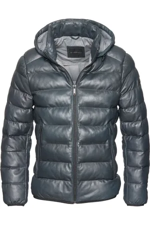 Bugatti Jassen, Heren, Blauw, 4Xl, Gewatteerd leren jack met afneembare capuchon