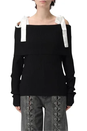 ROTATE Truien, Dames, Zwart, L, Zwarte Geribbelde Off Shoulder Sweater