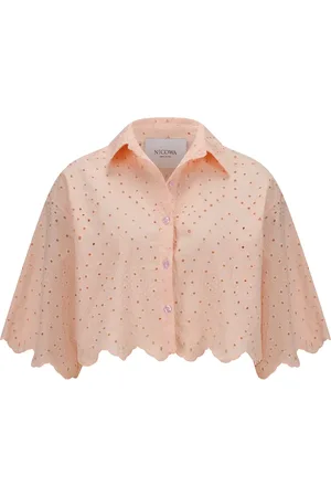 Nicowa Blouses & Shirts, Dames, Roze, L, Katoen, Bloemig Cropped Shirt met Broderie Anglaise