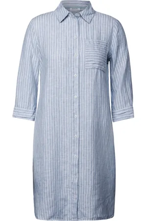CECIL Kleedjes, Dames, Blauw, M, Linnen, Gestreepte Linnen Jurk met 3/4 Mouwen