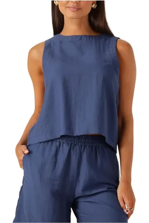Moss Copenhagen Tops, Dames, Blauw, XS, Denim, Blauwe Mouwloze Zomertop