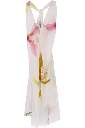 GENNY Kleedjes, Dames, Wit, S, Katoen, Orchidee Print Lange Katoenen Jurk