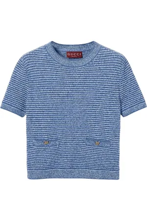 Gucci Tops, Dames, Blauw, S, Katoen, Fijne Katoenen Crewneck T-shirt met Zakken
