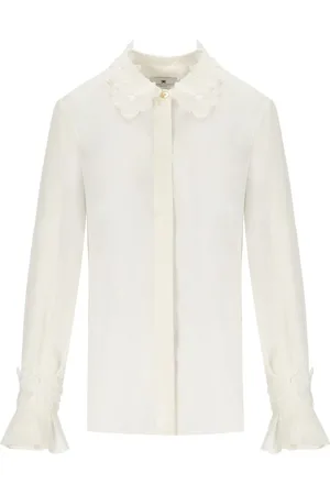 Elisabetta Franchi Blouses & Shirts, Dames, , L, Leer, Ivoor Georgette Bloemen Geborduurde Overhemd