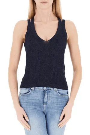 Liu Jo Tops, Dames, Blauw, S, Geribbelde Ronde Hals Cut Out Top