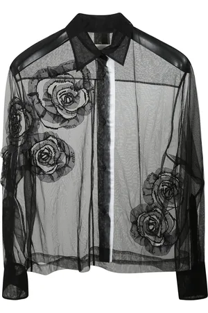 Des Phemmes Blouses & Shirts, Dames, Zwart, S, Tule, Tule shirt met klassieke kraag en borduurwerk