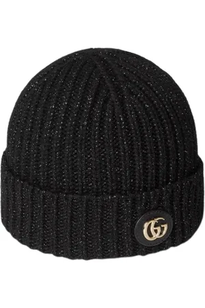 Gucci Accessoires, Dames, Zwart, M, Wol, Geribbelde Wollen Beanie Muts Zwart Logo