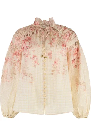 ZIMMERMANN Blouses & Shirts, Dames, Roze, S, Bloemenprint Ramie Blouse met Strik