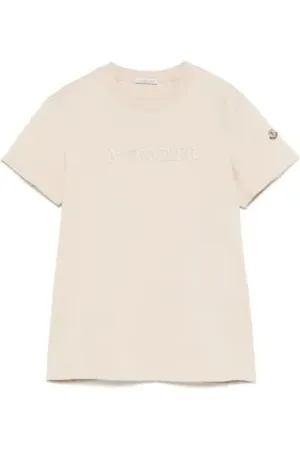 Moncler Tops, Dames, , L, Katoen, Geborduurde Lichtbeige Crew Neck T-shirt