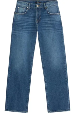 7 for all Mankind Jeans, Dames, Blauw, W28, Blauwe Straight Jeans Knoopsluiting Design