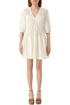 Twin-Set Kleedjes, Dames, Wit, 2Xs, Witte Kant-Trim Midi Jurk