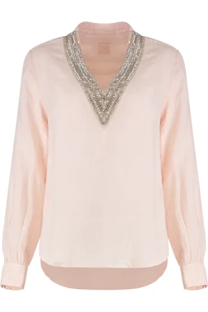 120% Lino Blouses & Shirts, Dames, Roze, S, Linnen, Linnen blouse met decoratieve kralen