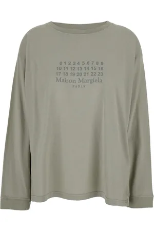 Maison Margiela Tops, Dames, Grijs, XS, Katoen, Grijze Logo Print Crewneck T-Shirt Vrouw