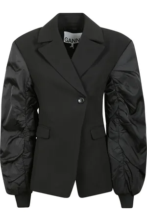 Ganni Jassen, Dames, Zwart, S, Double-breasted crepe jas met geribbelde randen