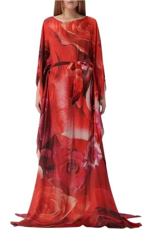Roberto Cavalli Kleedjes, Dames, Rood, S, Rode Rozenprint Zijden Kaftan Jurk