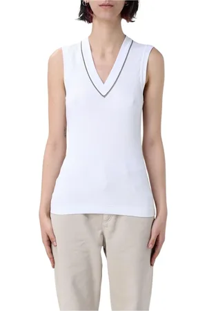 Brunello Cucinelli Tops, Dames, Wit, XS, Witte Mouwloze Zijden Top met Versierde Details