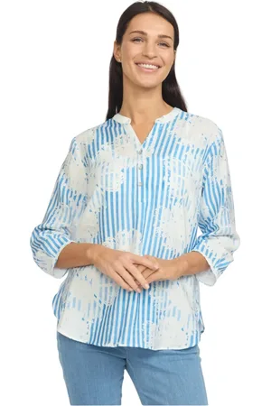 2-Biz Blouses & Shirts, Dames, Veelkleurig, M, Blauw Gestreepte Blouse met ¾ Mouwen
