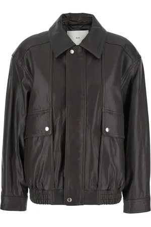 DUNST Jassen, Dames, Bruin, M, Leer, Bruine Oversized Leren Jas met Klepzakken