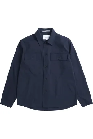 Norse projects Jassen, Heren, Blauw, XS, Blauwe Twill Overshirt Hjalmer Solotex