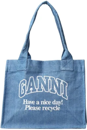 Ganni Tassen, Dames, Blauw, ONE Size, Denim, Denim Tote Tas met Bericht