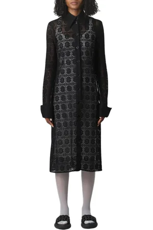 Sportmax Kleedjes, Dames, Zwart, S, Elegante Zwarte Kant Midi Jurk