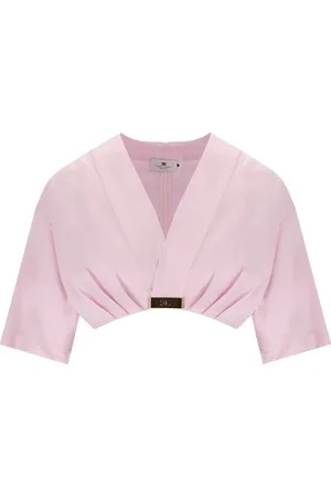 Elisabetta Franchi Blouses & Shirts, Dames, Roze, M, Katoen, Roze V-hals Cropped Top met Plooien