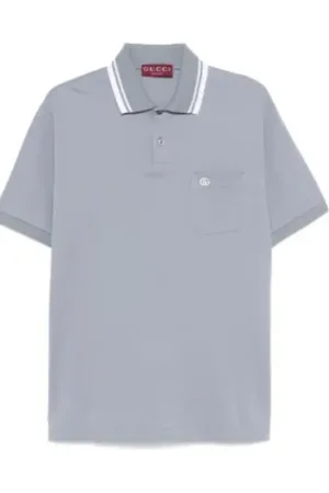 Gucci Tops, Heren, Blauw, L, Katoen, Staalblauw Polo Shirt met Zak