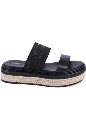 Calvin Klein Schoenen, Dames, Zwart, 38 EU, Polyester, Zwarte Sleehak Espadrille Sandaal