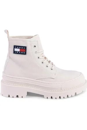 Tommy Hilfiger Schoenen, Dames, Wit, 38 EU, Katoen, Beige Veterschoenen Enkellaarsjes