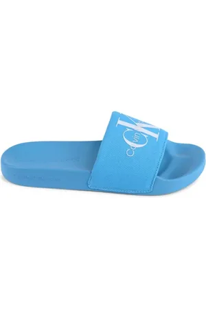 Calvin Klein Schoenen, Dames, Blauw, 40 EU, Katoen, Blauwe Canvas Logo Slides Vrouwen