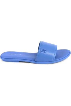 Tommy Hilfiger Schoenen, Dames, Blauw, 41 EU, Leer, Blauwe Leren Slippers Casual Comfort