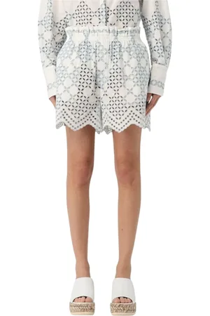 RAQUEL DINIZ Korte broeken, Dames, Veelkleurig, M, Katoen, Geborduurde Shorts met Geribbelde Rand