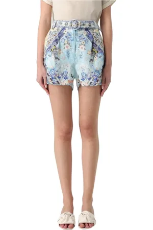 Camilla Korte broeken, Dames, Veelkleurig, M, Linnen, Blauwe Bloemen Shorts