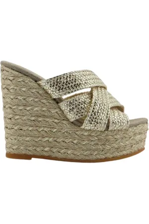 Espadrilles Schoenen, Dames, Grijs, 38 EU, Leer, Geweven leren sleehak sandalen