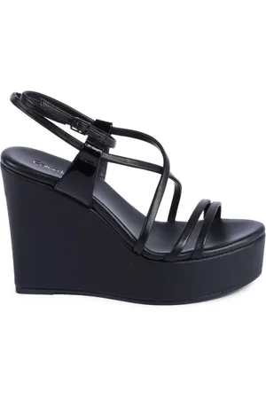Calvin Klein Schoenen, Dames, Zwart, 40 EU, Leer, Zwarte Leren Plateau Sleehak Sandalen