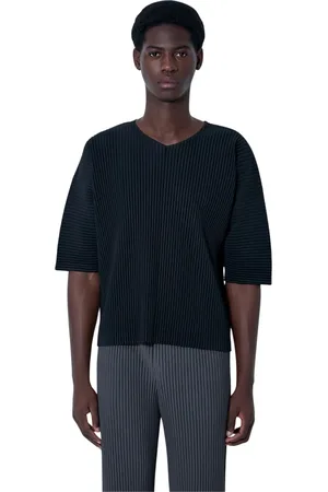 Issey Miyake Tops, Heren, Zwart, M, Polyester, Geplooide Crewneck Top