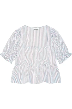 Ganni Blouses & Shirts, Dames, Blauw, M, Gestreepte blouse met pofmouwen