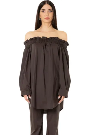 LIVIANA CONTI Blouses & Shirts, Dames, Bruin, L, Katoen, Katoenen Boothals Lange Mouw Blouse