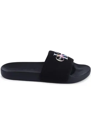 Calvin Klein Schoenen, Dames, Zwart, 39 EU, Katoen, Bloemen Logo Slides