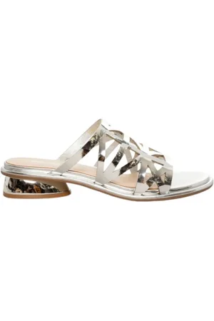 Jeannot Schoenen, Dames, Grijs, 41 EU, Leer, Zilveren Spiegel Leren Sandaal Muil