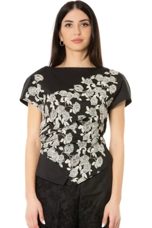 LIVIANA CONTI Tops, Dames, Zwart, S, Katoen, Geborduurde Top in Roze en Zwart
